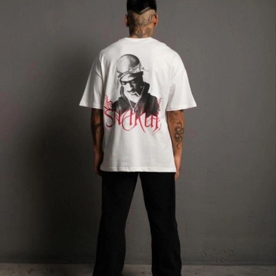 Erkek Baskılı T-Shirt Oversize Kısa kol Bisiklet yaka tişort - Beyaz